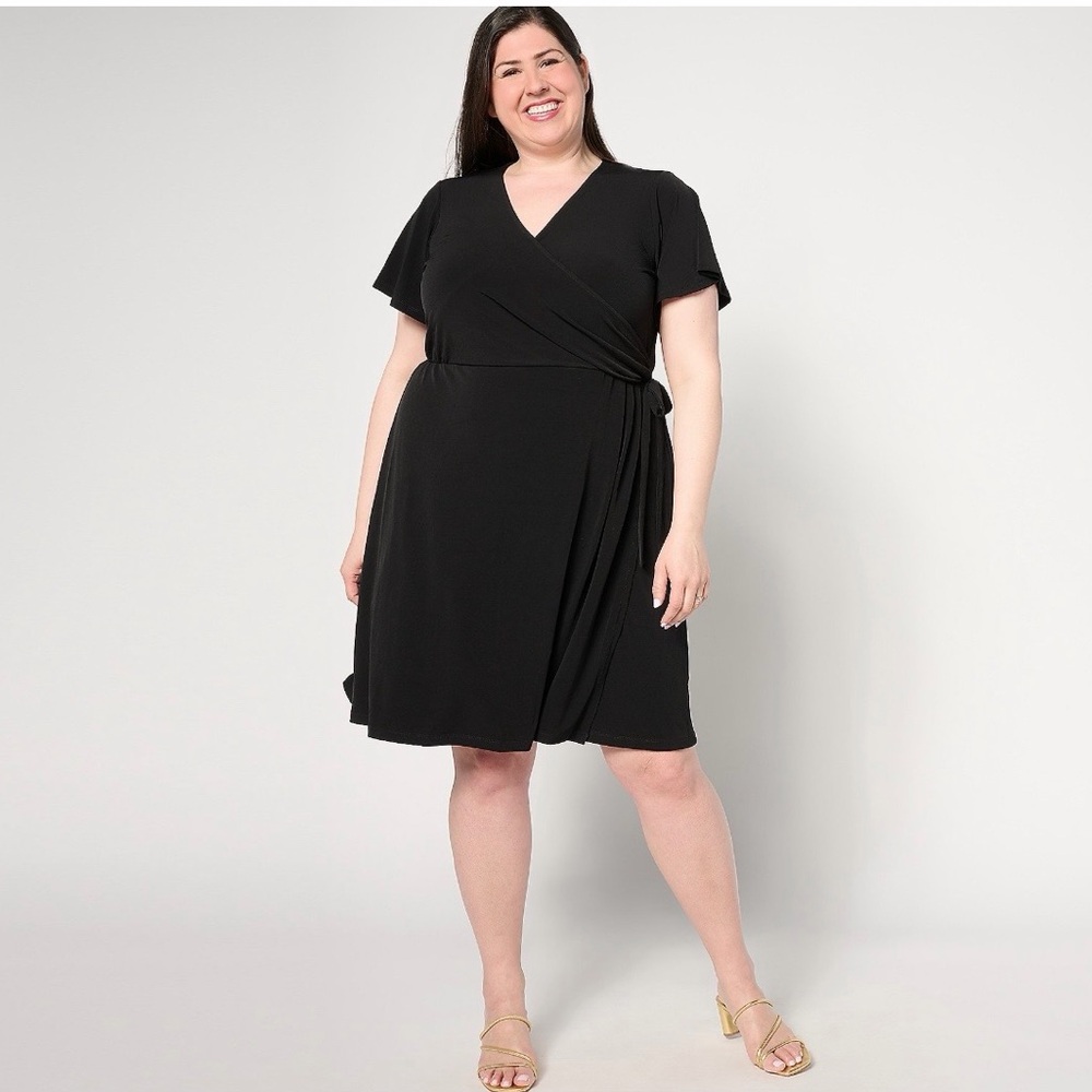 Susan Graver Black Liquid Knit Faux Wrap Dress Like New, Size L
